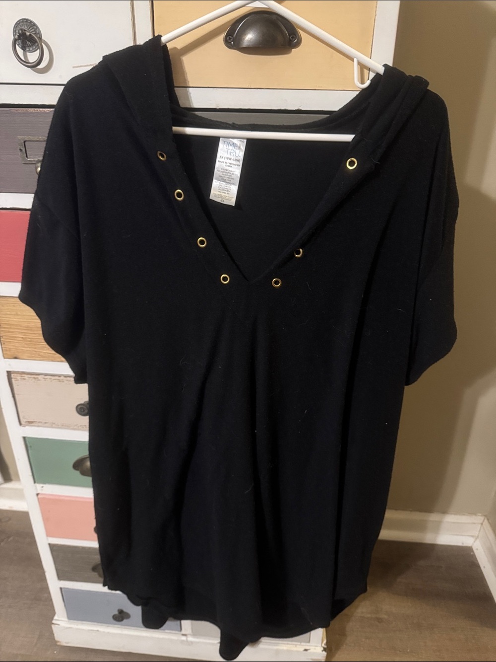 Time and Tru Black Hooded Short-Sleeve Swim Coverup with Gold Grommets